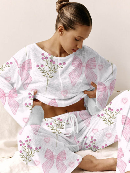 Women's Pink Bow Flower Printed Loungewear Set
