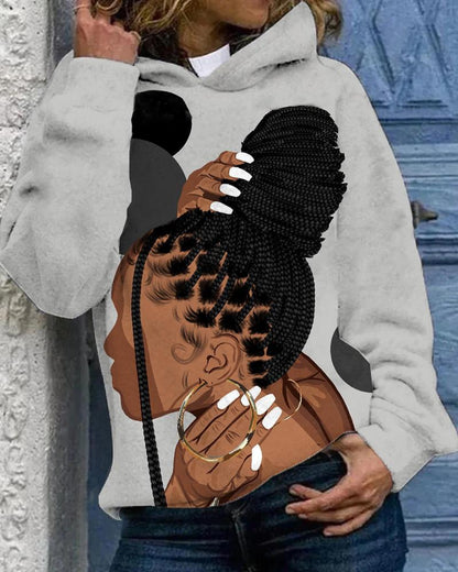 Black Women Braided Gold Earrings Long Sleeves Hoodie