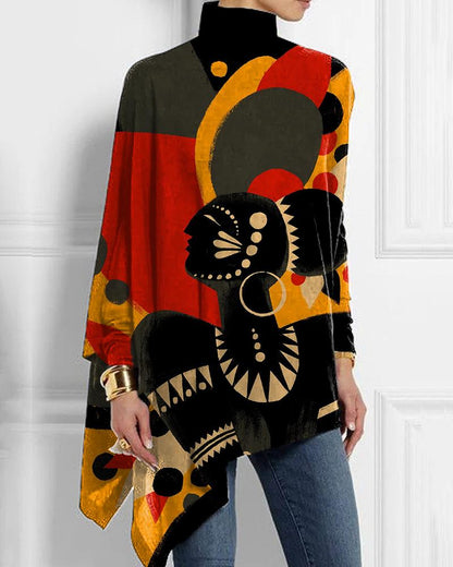 Artistic black contrast printed loose turtleneck top for women