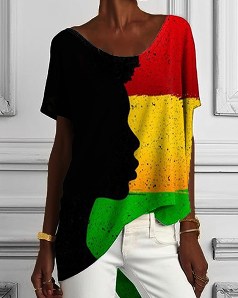 Black History Month Printed Irregular Women's Short Sleeve Top