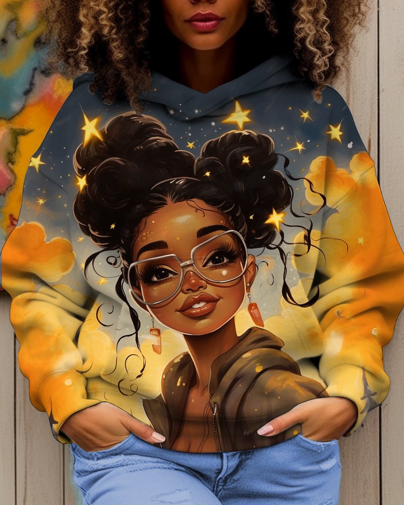 Women's Retro Black Girls Sunset Stars Long Sleeve Hoodie