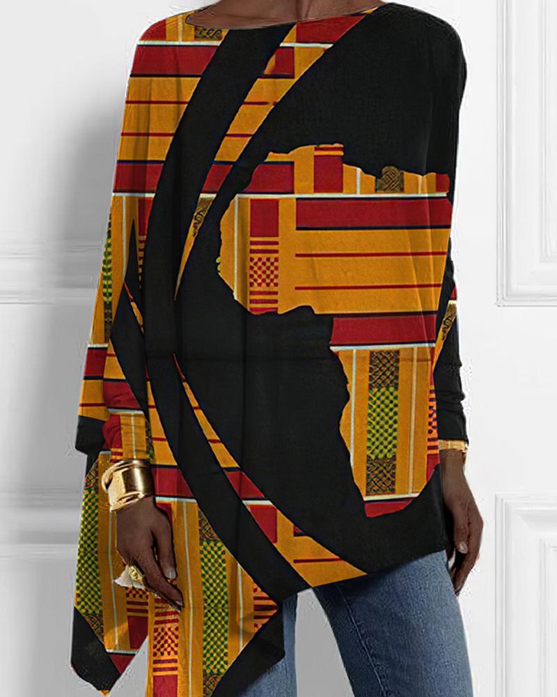 Tribal Color Block Printed Bat Sleeve T Shirt