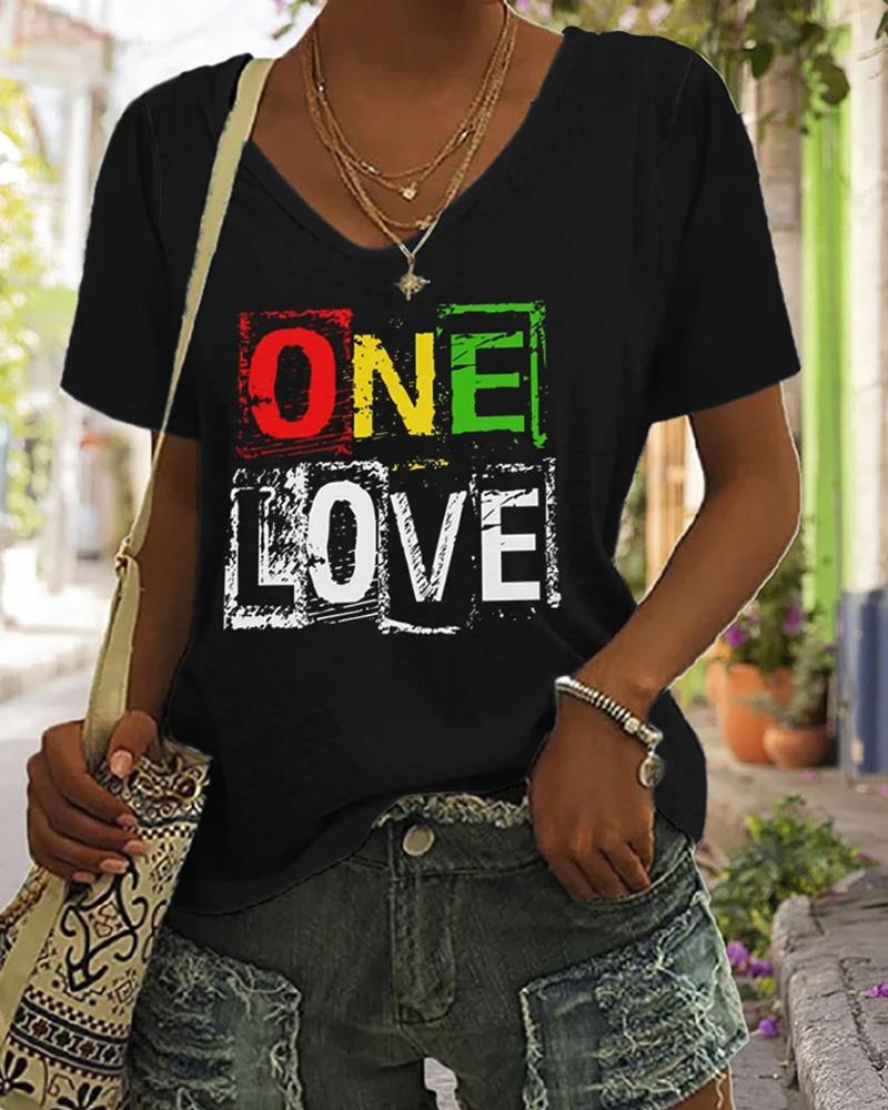 Fashionable onelove letter print V-neck short-sleeved T-shirt