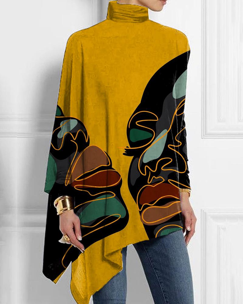 Artistic personality face color printing loose turtleneck top