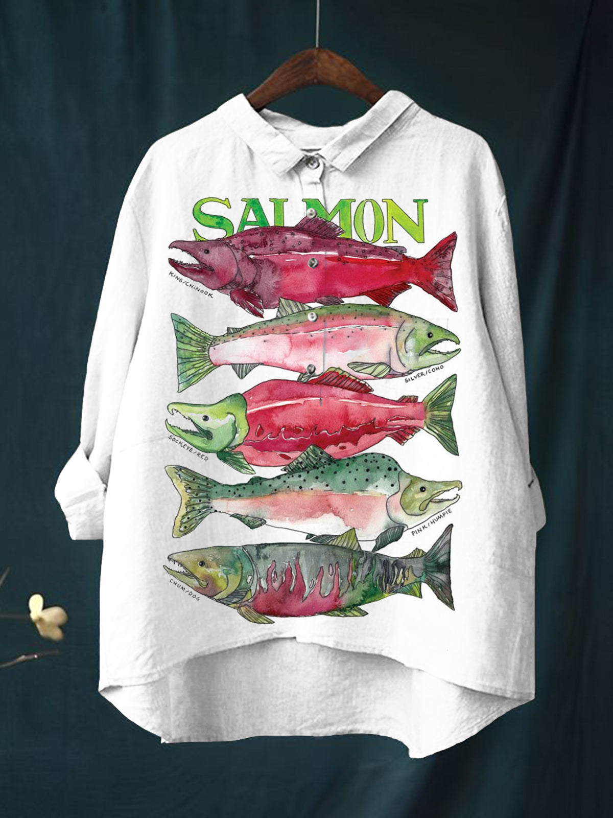 Women's Salmon Print Casual Cotton And Linen Shirt