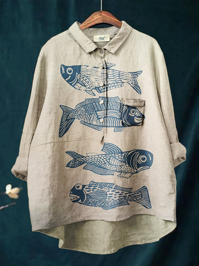 Women's Fish Print Casual Cotton And Linen Shirt