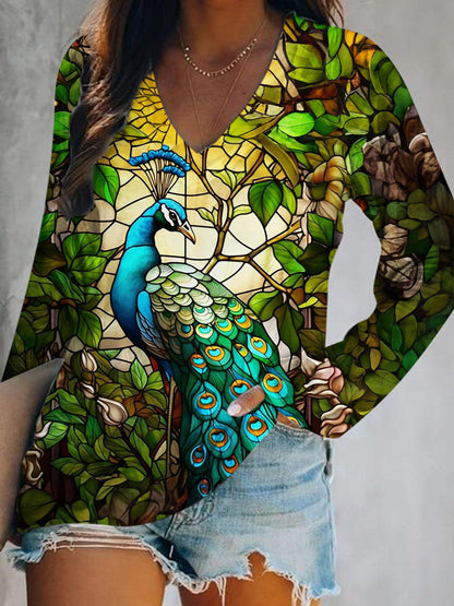 Women's Dragonfly Print V Neck Long Sleeve Top