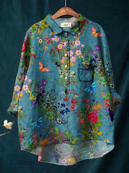 Women's Vintage Floral Butterfly Print Casual Cotton And Linen Shirt