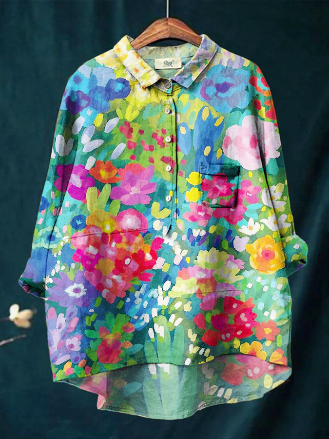 Women's Floral Colorblock Print Casual Cotton And Linen Shirt