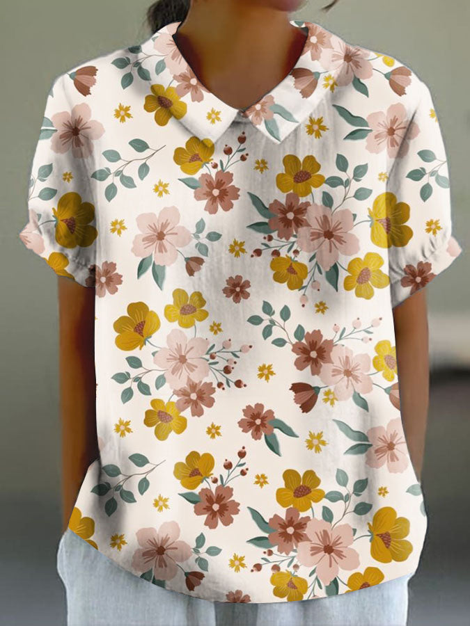 Women's Floral Print Casual Cotton And Linen Shirt