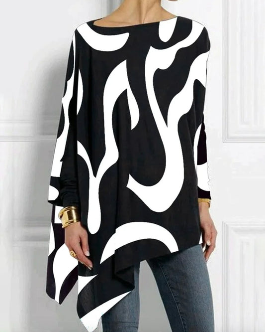 Black and White Waves Long Sleeve Loose Hem Top