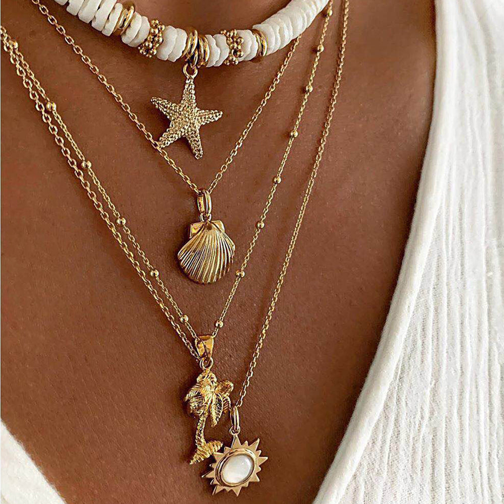 Retro Starfish Shell Multilayer Pendant Necklace