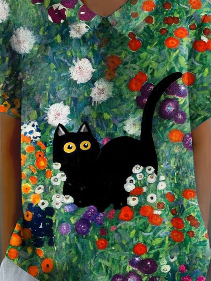 Women's Green Oil Painting Flower Cat Print Casual Cotton And Linen Shirt