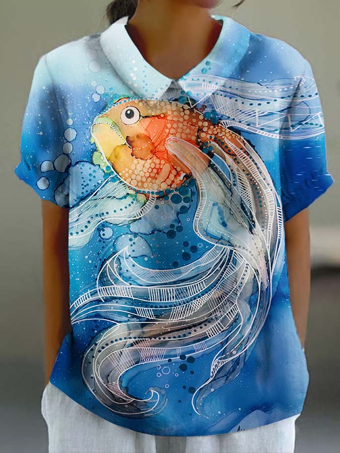 Women's Ocean Fish Print Casual Cotton And Linen Short Sleeves Shirt