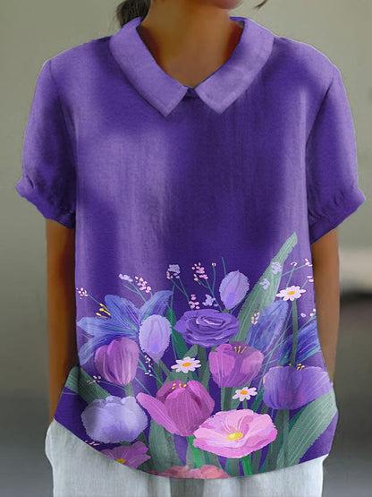 Women's Purple Colorblock Floral Print Casual Cotton And Linen Short Sleeve Shirt