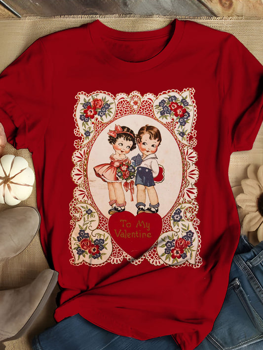 Women's Valentine's Day Vintage Floral Greeting Card Print Casual T-shirt