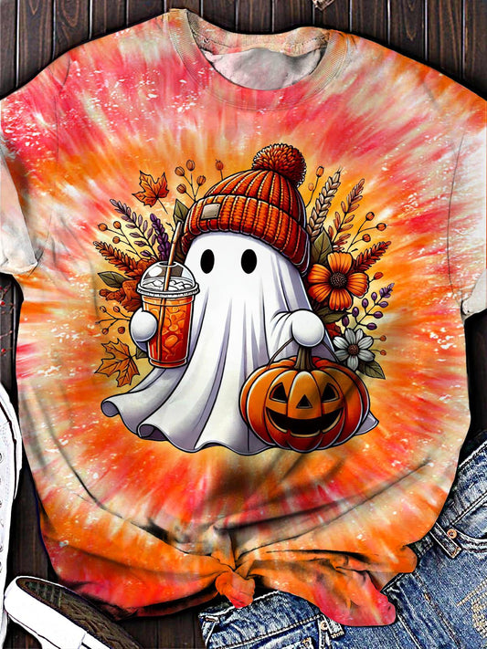 Women's Halloween Floral Pumpkin Cute Ghost Crew Neck T-shirt