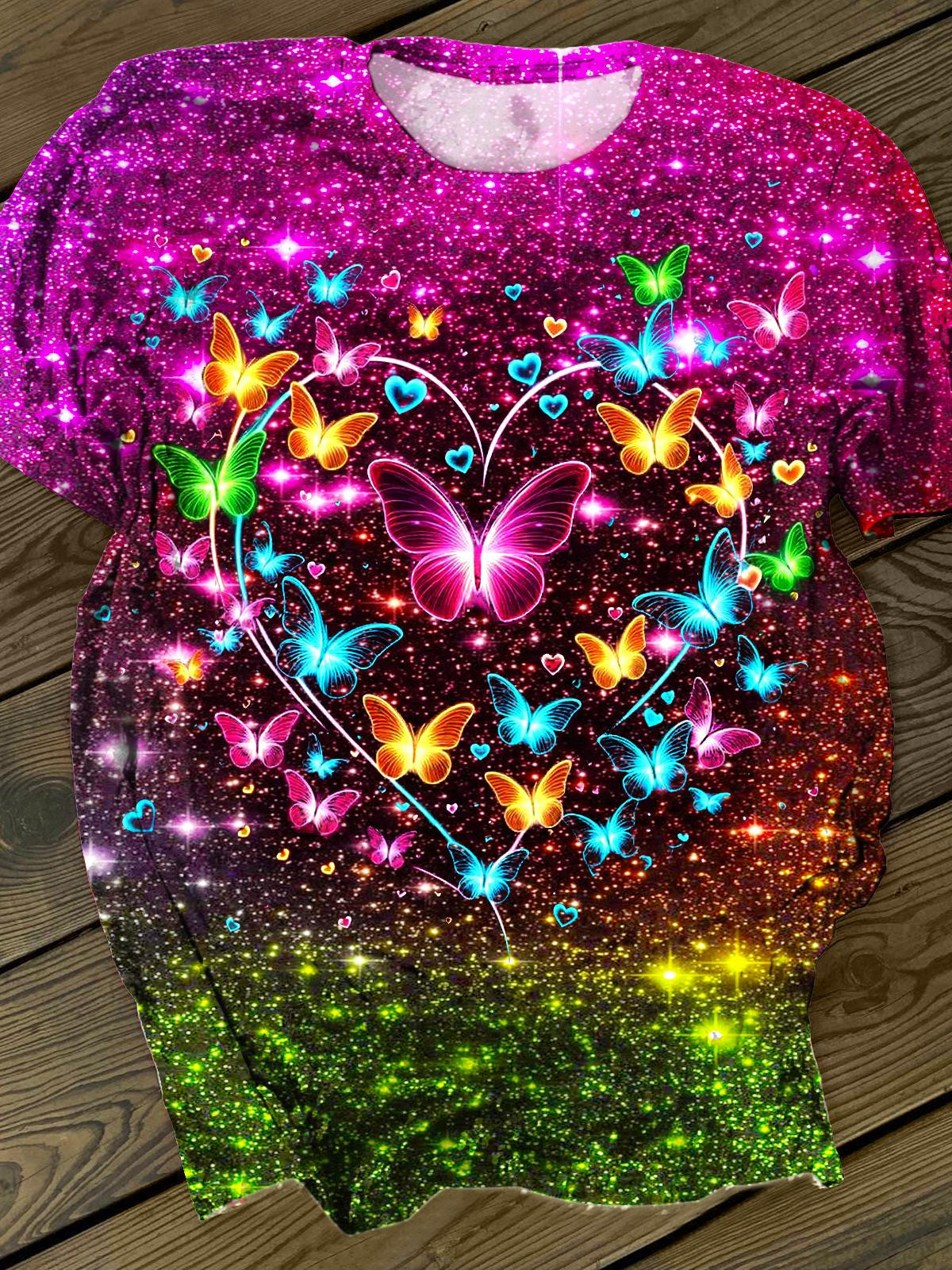 Colorful Sequin Butterfly Print Crew Neck T-shirt
