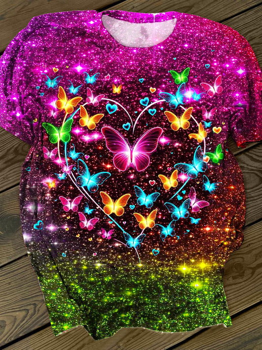Colorful Sequin Butterfly Print Crew Neck T-shirt