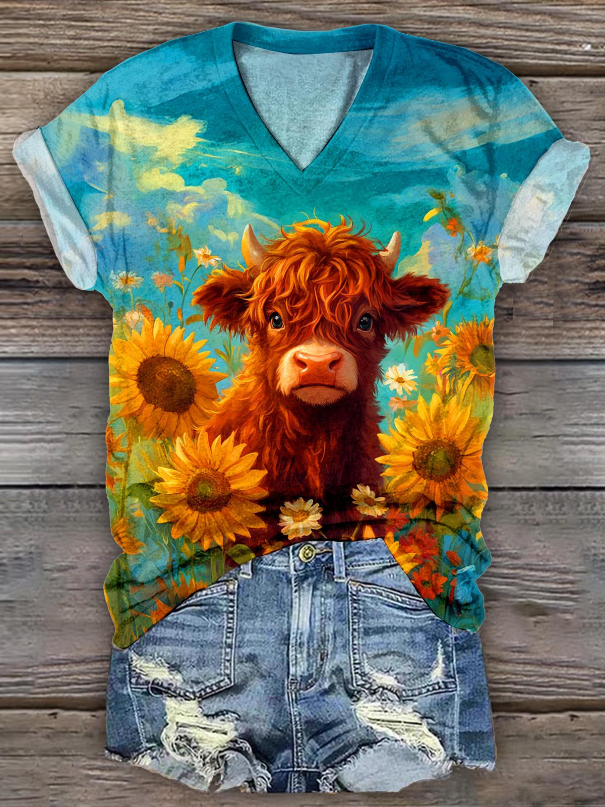 Cute Highland Cow Sunflower Illustration V-Neck T-Shirt