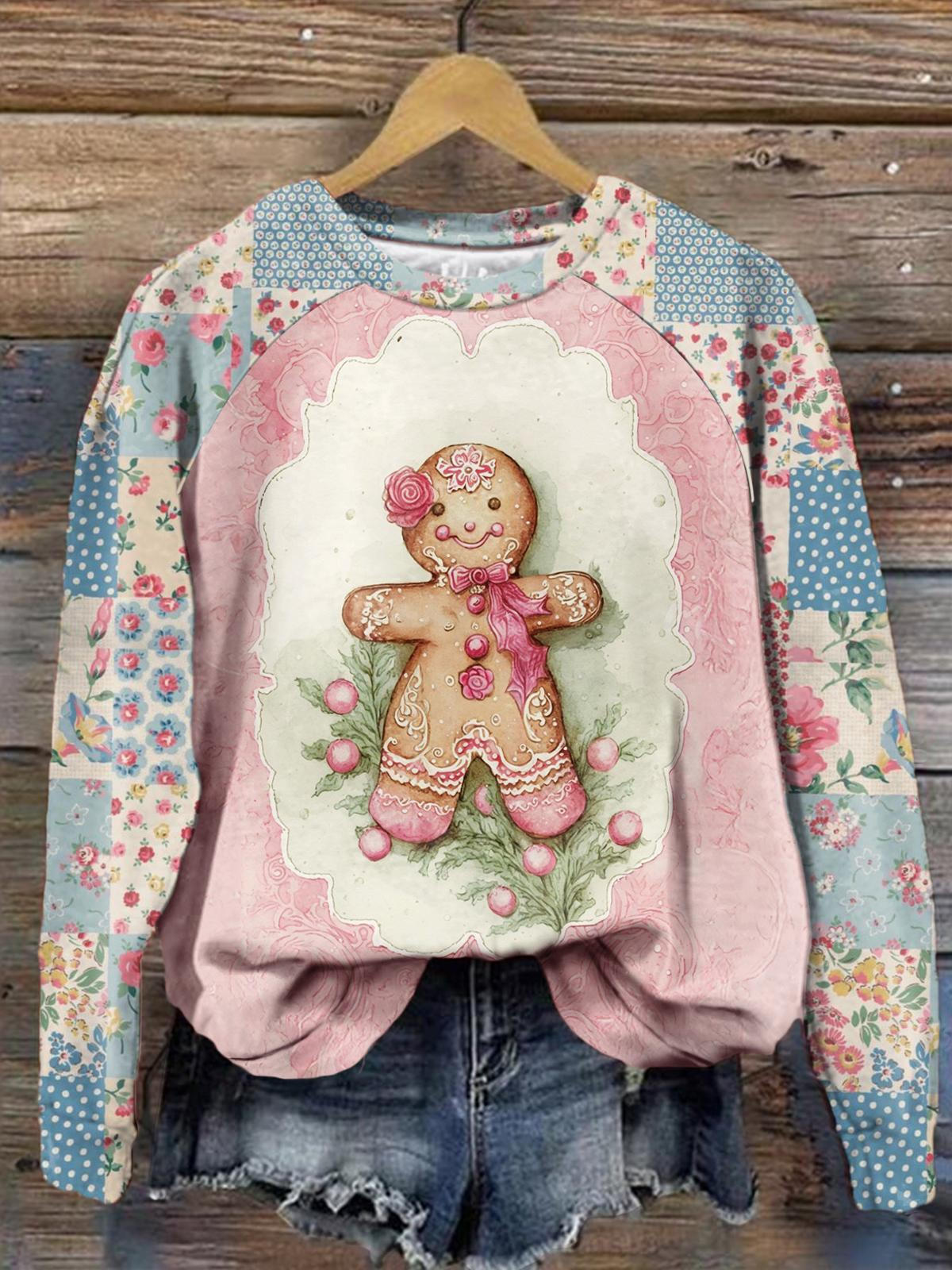 Women's Christmas Gift Cookies Vintage Print Long Sleeve Top