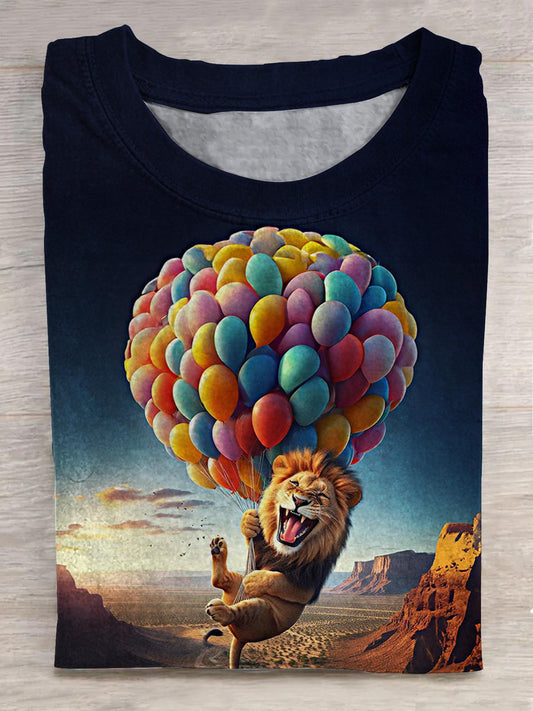 Funny Balloon Lion Print Crew Neck T-shirt