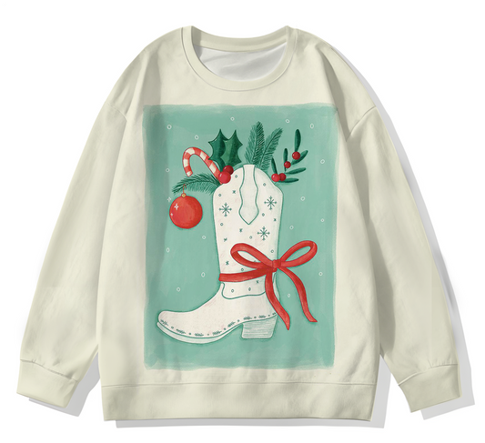 Vintage Christmas Boots Printed Long Sleeve Casual Top