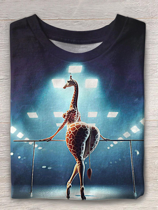 Funny Yoga Giraffe Print Crew Neck T-shirt