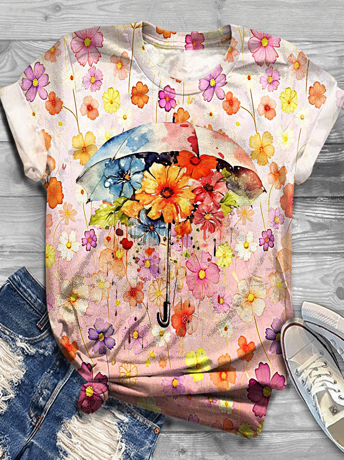 Women's Retro Christian Flower Print Crew Neck T-shirt