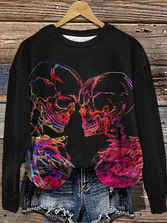 Women's Halloween Dark Skull Print Round Neck Long Sleeve Top