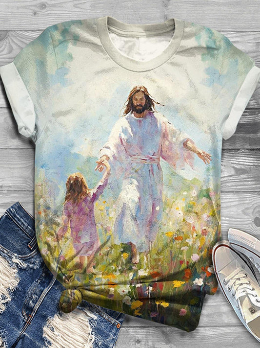 Jesus And Child Print Crew Neck T-shirt