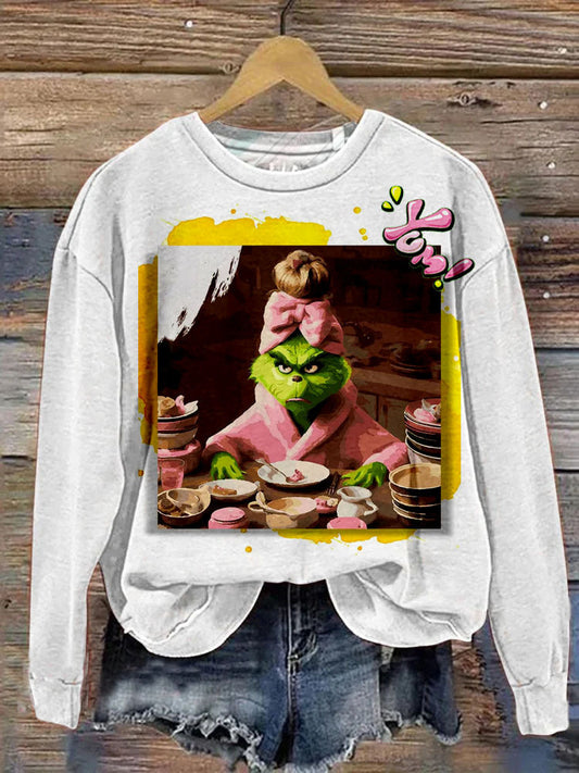 Christmas Striped Green Monster Cartoon Long Sleeves Printed Crew Neck Top