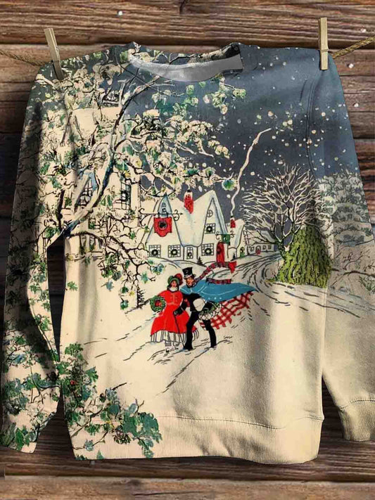 Women's Christmas Town Snow Scene Print Long Sleeve Top