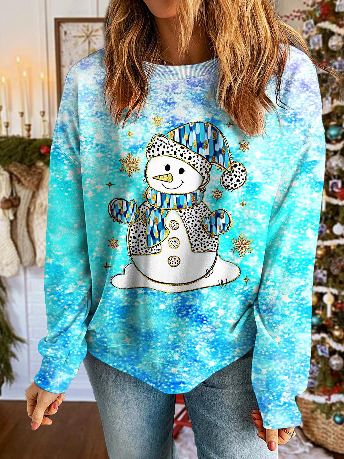 Women's Color Glitter Christmas Snowman Printed Long Sleeve Casual Top