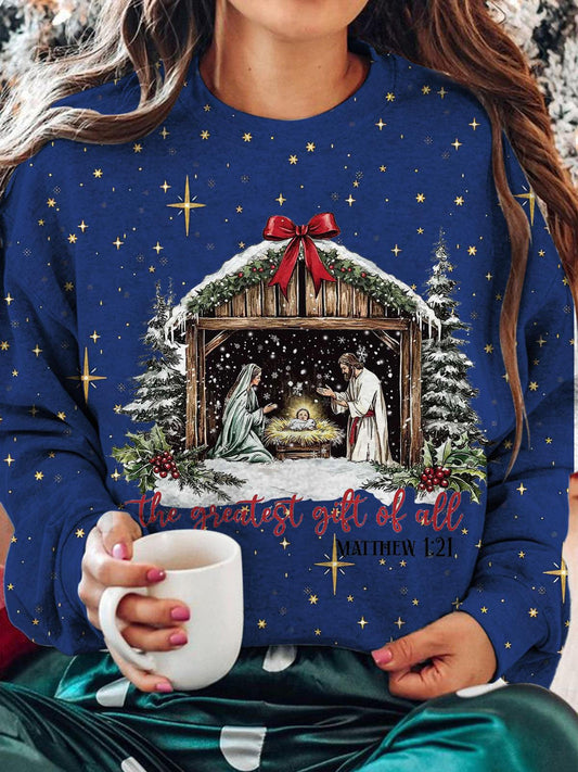 Nativity Coquette Christmas Printed Long Sleeve Casual Top