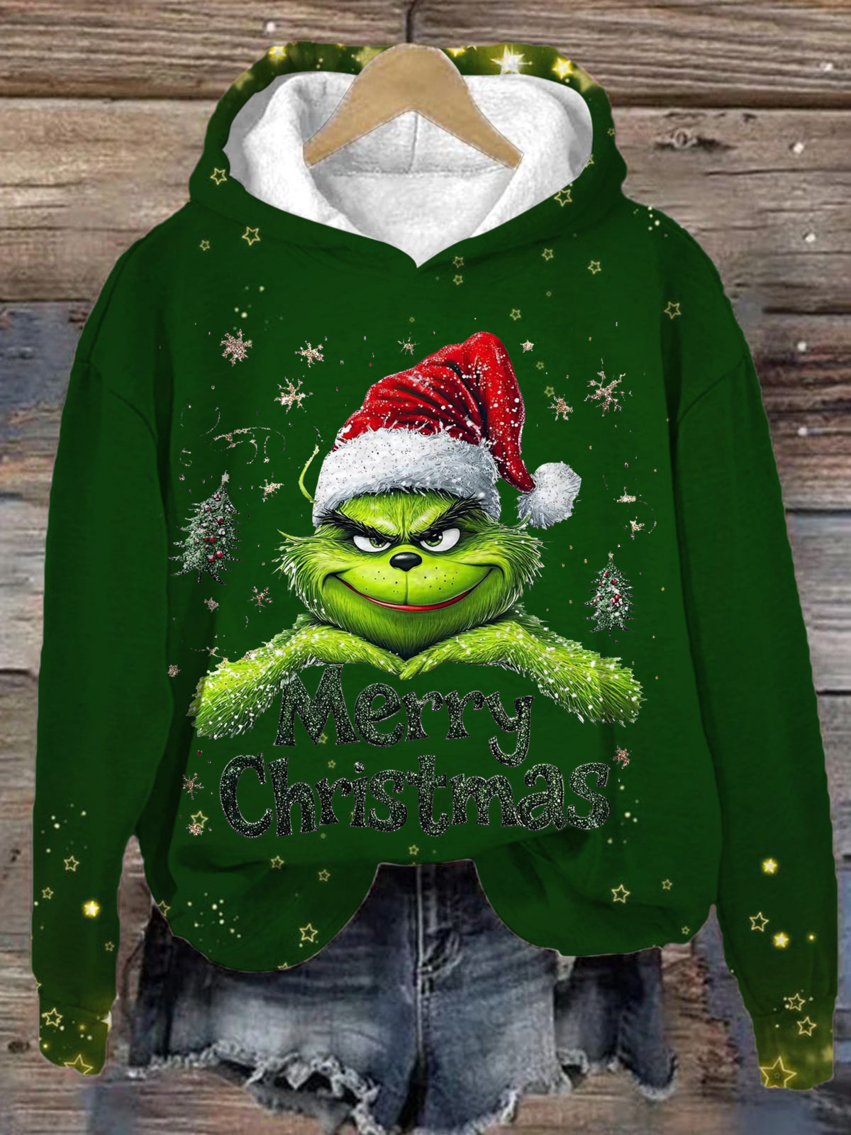 Green Monster Wearing A Santa Hat Long Sleeve Printed Hoodie