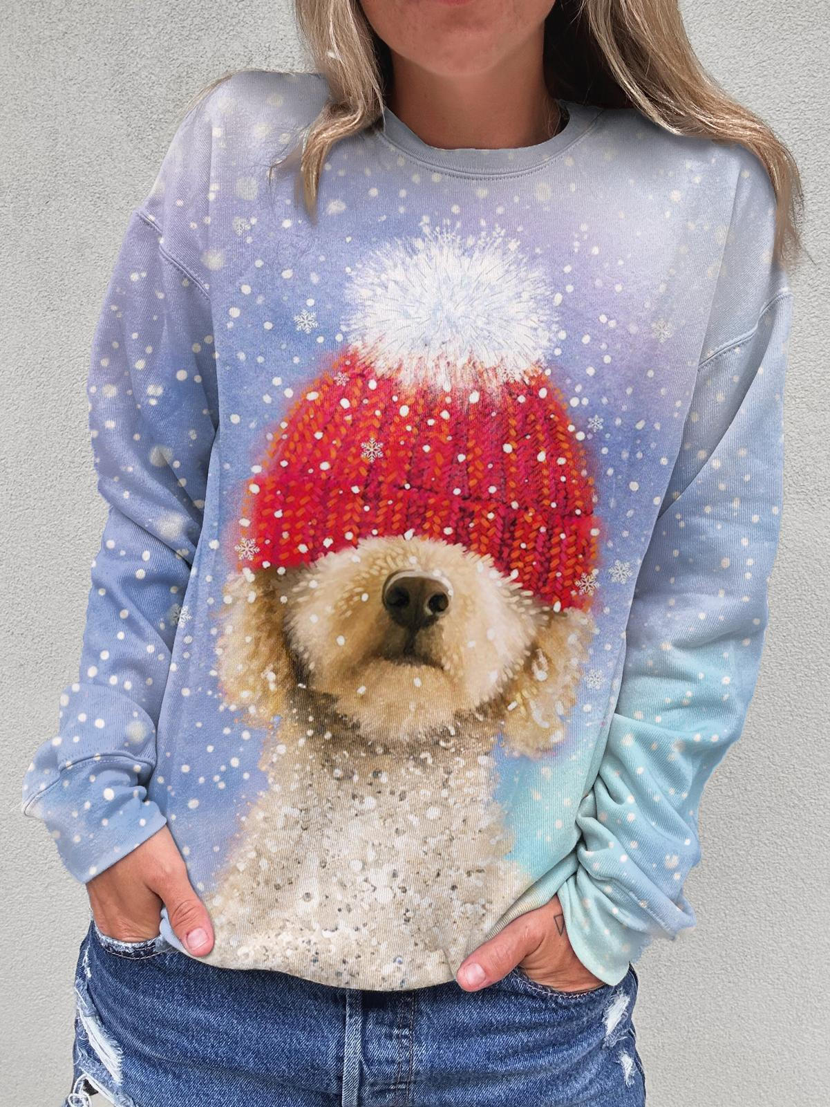 Women's Winter Christmas Puppy Round Neck Long Sleeve Top