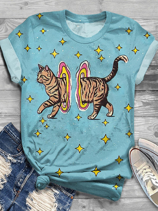 Women's Retro Cute Kitten Print Crew Neck T-shirt