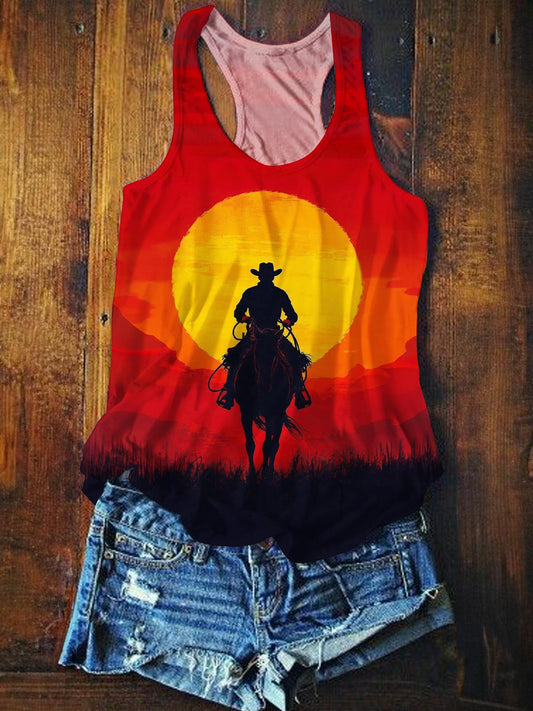 Retro Western Cowboy Sunset Printed Casual Tank Top