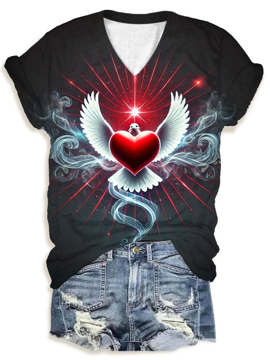 Women's Angel Wings Love Heart V-Neck T-Shirt