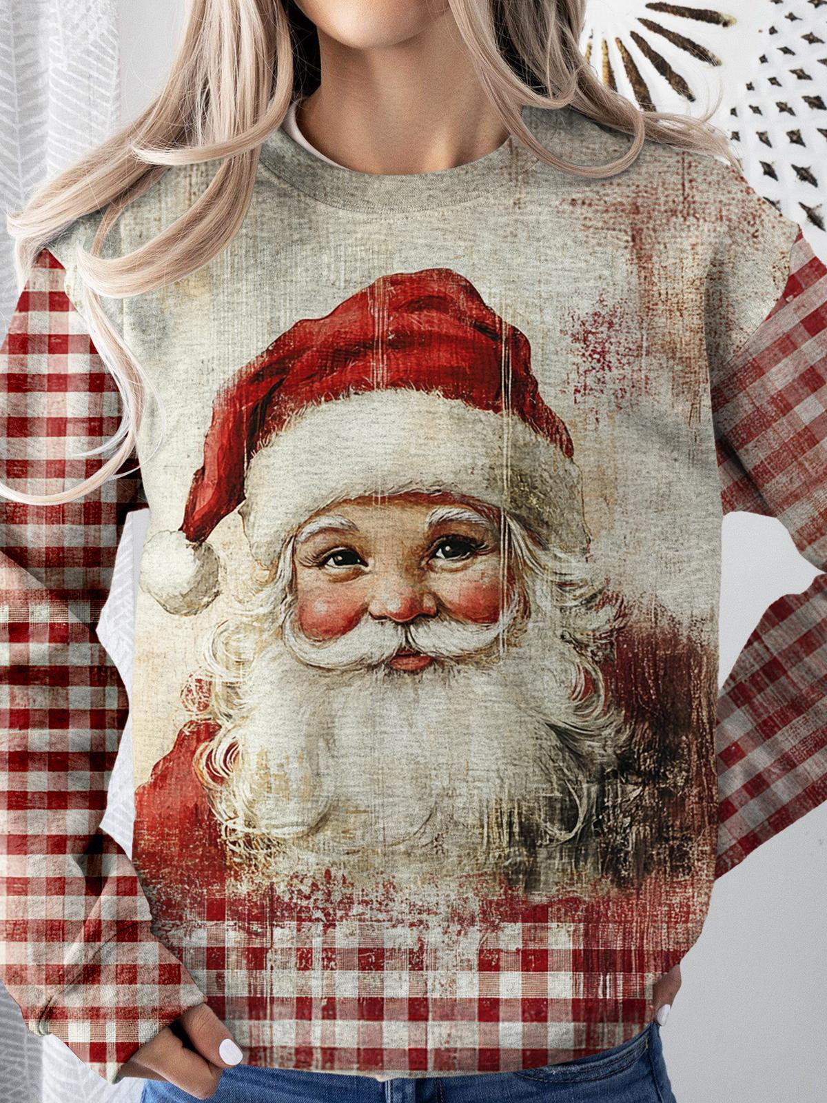 Vintage Santa Check Print Printed Long Sleeve Casual Top