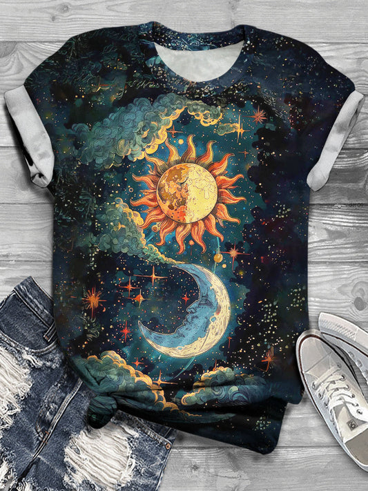 Universe Starry Sky Sun Moon Vintage illustration Print Casual T-shirt