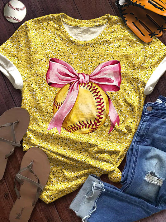 Women's Retro Baseball Bow Crew Neck T-shirt