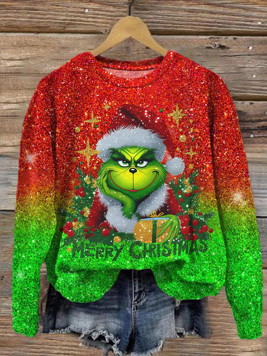 Elegant Christmas Green Furry Monster Printed Long Sleeve Casual Top