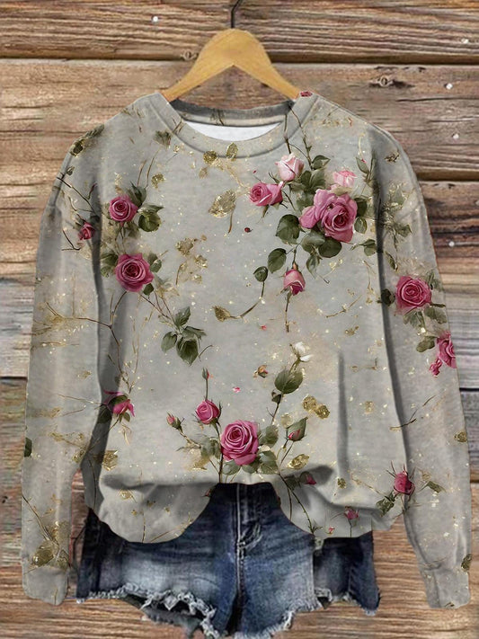 Vintage Rose Gold Printed Long Sleeve Casual Top