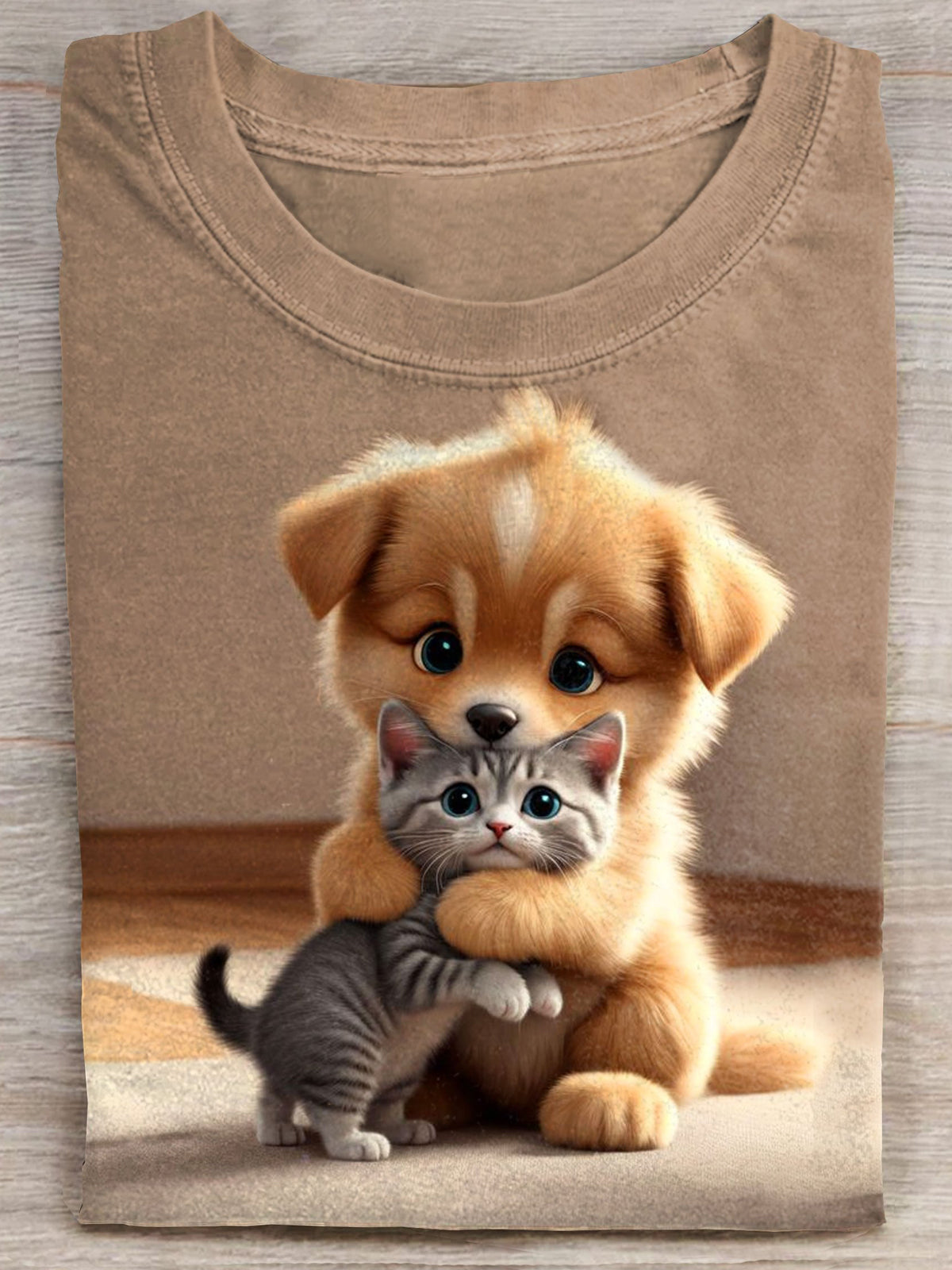 Cute Cat And Puppy Print Crew Neck T-shirt