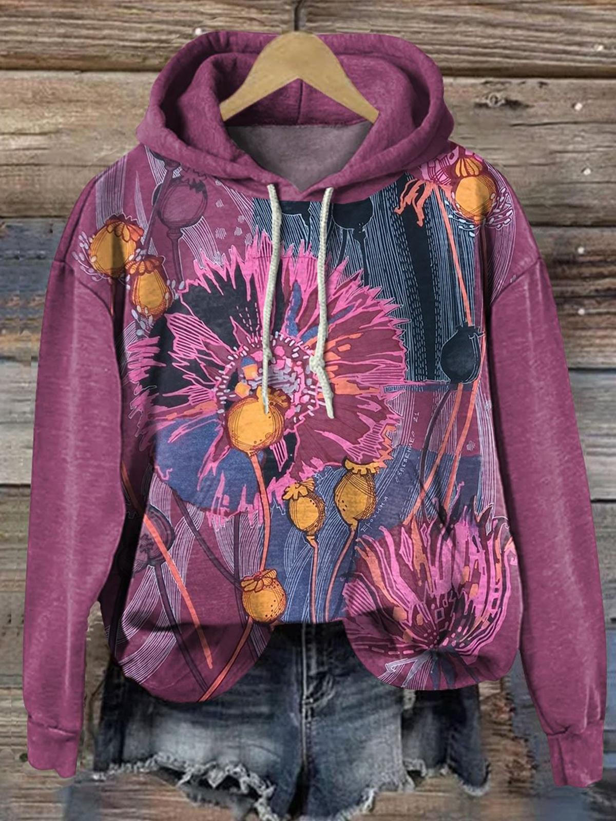 Vintage Flowers Long Sleeve Printed Hoodie