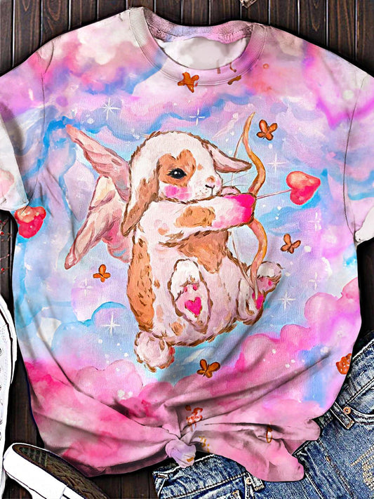 Valentine's Day Cupid Rabbit Print Crew Neck T-shirt