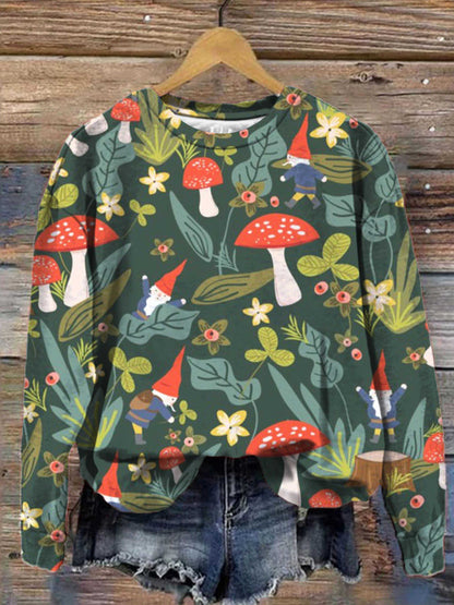 Woodland Gnome Print Crew Neck Long Sleeve Top