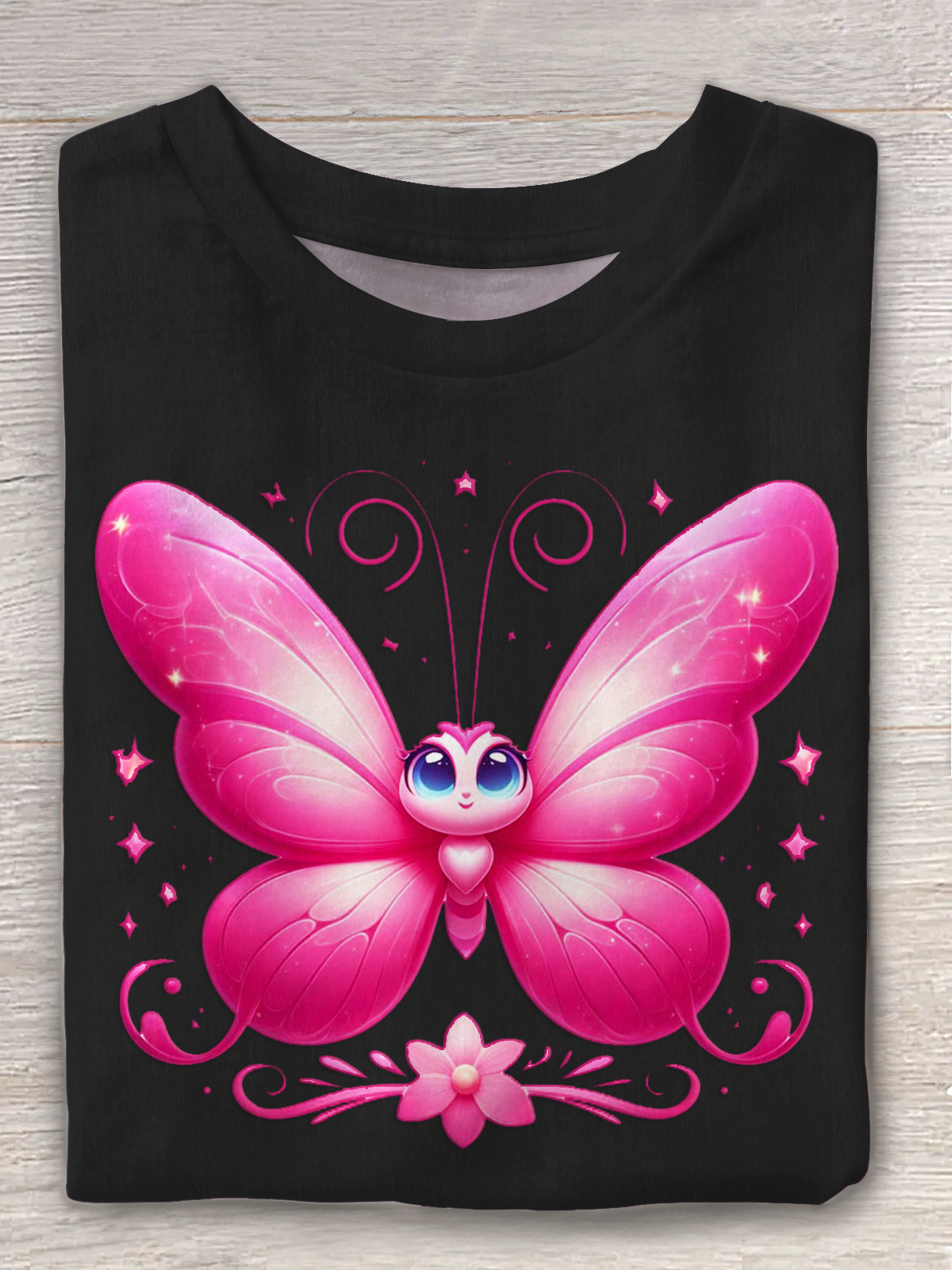 Cute Cartoon Butterfly Print Crew Neck T-shirt